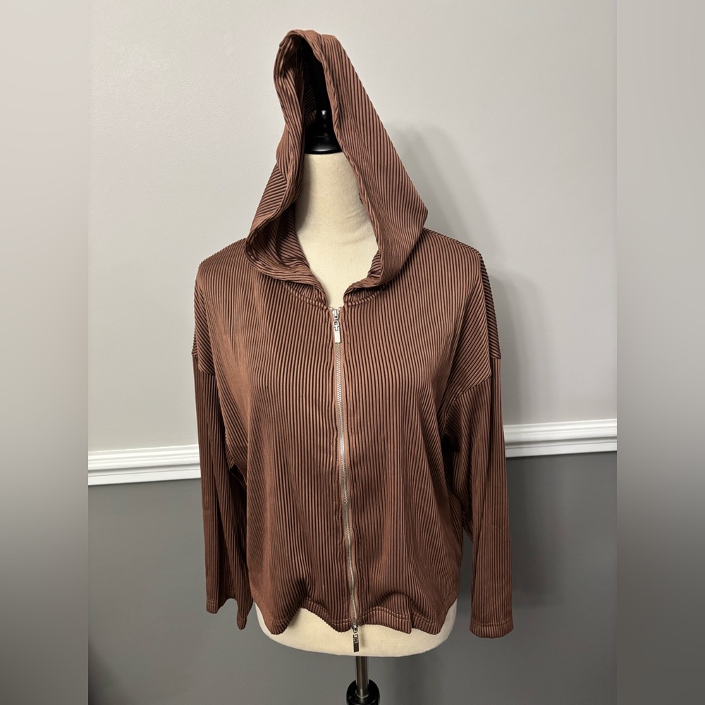 J.ING Brown Hooded Crop Zip-Up Jacket NWT